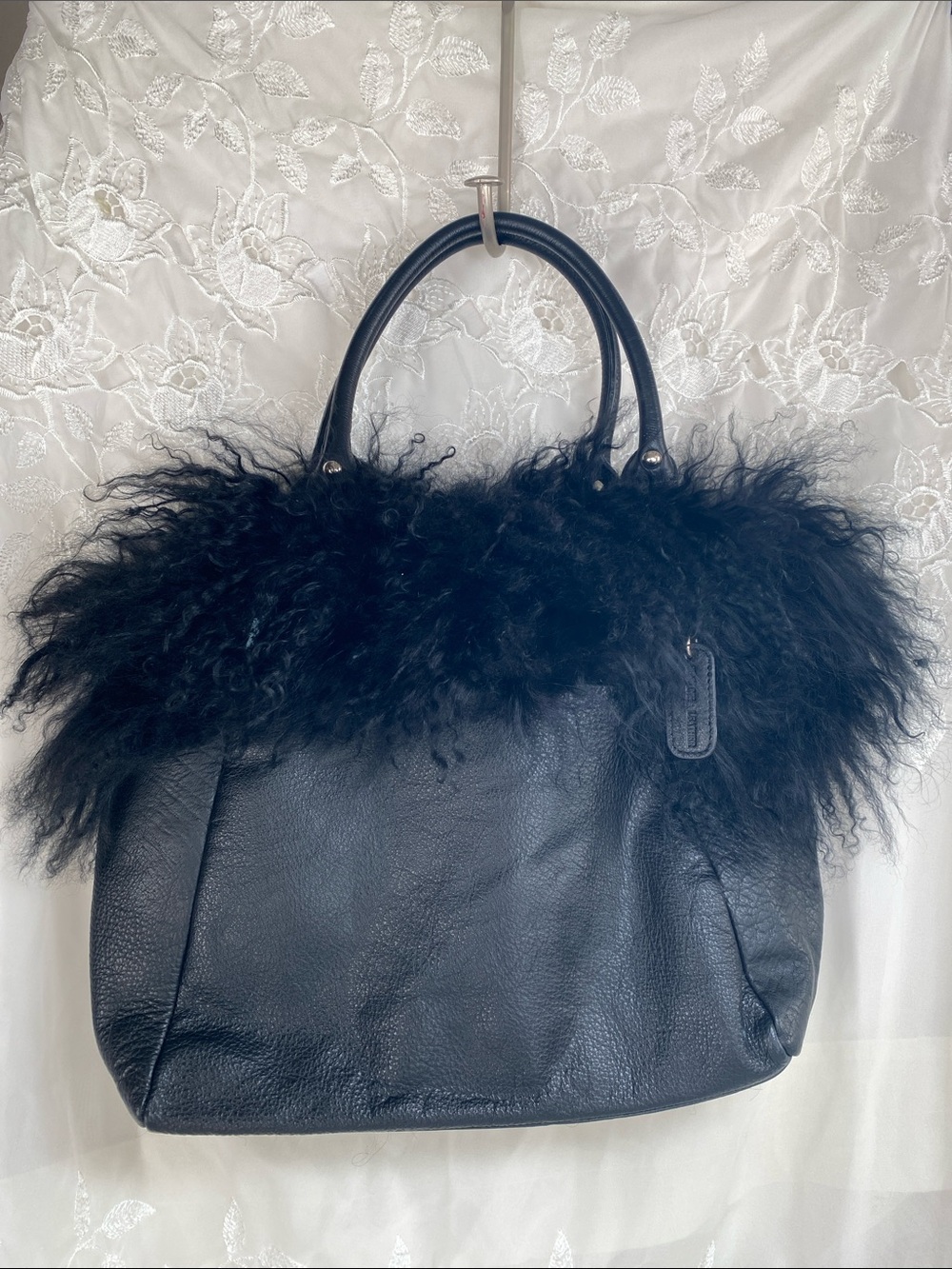Aqua Madonna Black Shearling Curly Mongolian Lamb Fur Trim Leather Tote